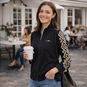 Lauren Active L‑RL Black Zip Jacket – Petite Small – Embroidered Sleeve Detail